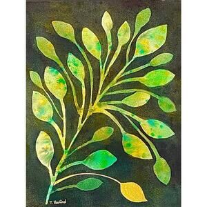 Handmade watercolor original painting reverse leaves gold